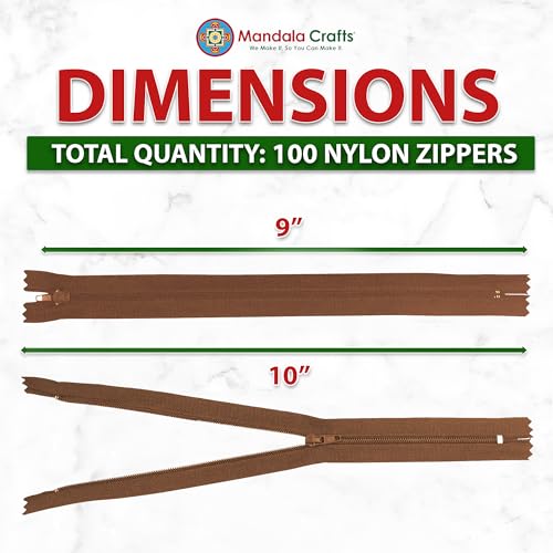 Image of Mandala Crafts 100 PCs Brown Closed-End 9 Inches Nylon Zippers for Sewing