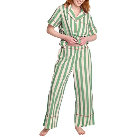 FOMOYUU Women Striped Pajama Set Short Sleeve Button Down Blouse and Gingham Wide Leg Lounge Pants Sets 2 Piece Sleepwear (green, L) Cover