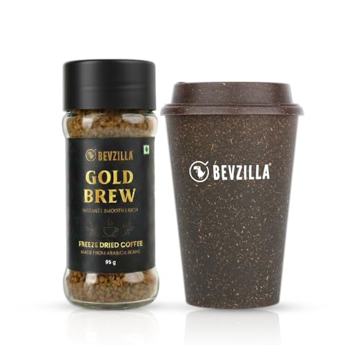 Image of Bevzilla 95 gm Gold Brew Instant Freeze-Dried Coffee Powder with Eco-Friendly Bio-Composite Tumbler | Crafted from Bamboo Fiber, Coffee Husk & Rice Husk | Plastic-Free Cafe-Style Coffee Kit | Enjoy Hot & Cold