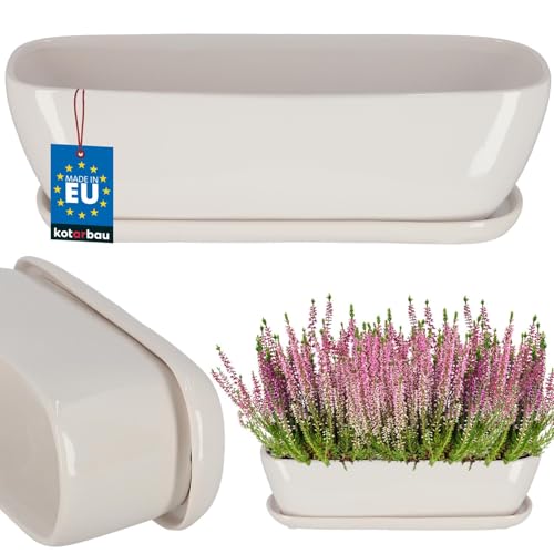 KOTARBAU® Keramik Blumenkasten 40x13x13cm Weiß - Pflanzkübel mit Untersetzer - Blumenkasten Balkon - Blumenkübel - Kräutertopf - Fensterbank