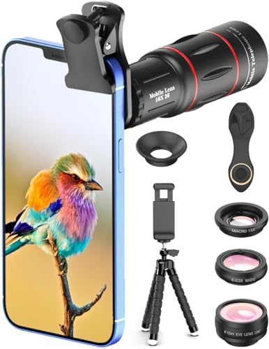 APEXEL 18x Lente per Telescopio, Obiettivo Grandangolare da 0,63x e Obiettivo Macro 15x, Fisheye da 198 °, Treppiede Flessibile per iPhone e la Maggior Parte degli Smartphone