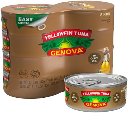 Genova Premium Yellowfin Tuna in Olive Oil, 5 Ounce Cans, 8-Pack – Nutrient Rich, High Protein Canned Tuna Fish - Delicious, Easy, Nutritious Ready to Eat Meals