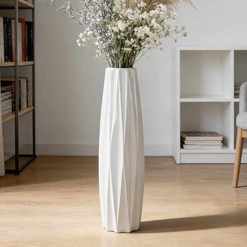 Duoqulou Dekorative 60cm Weiße Bodenvase aus Keramik, Große Vase für Wohnzimmer, Schlafzimmer und Büro, Minimalistisches Design für Blumen