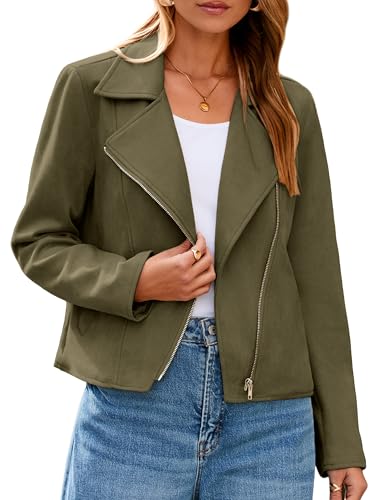 Glamaker Womens Faux Suede Jackets Long Sleeve Casual Cropped Zipper Biker Moto Jacket Fall Winter Outfits(Army Green,Medium)