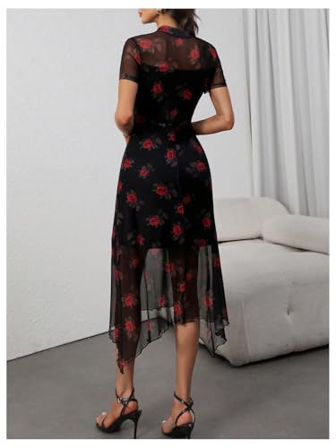 Image of Floerns Women's Floral Mesh Short Sleeve Asymmetrical Hem Flared A Line Dress