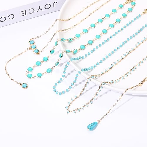 BVGA 5Pcs Dainty Gold Turquoise Necklaces for Women Boho Beaded Handmade Layered Chain Choker Necklace Set Jewelry Gifts2