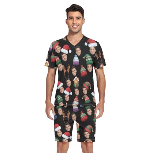 KLL Custom Face Christmas Colorful Hat Cupcake V Neck Sleepwear Men's Pajamas Short Sleeve Tops & Shorts 2 Piece4