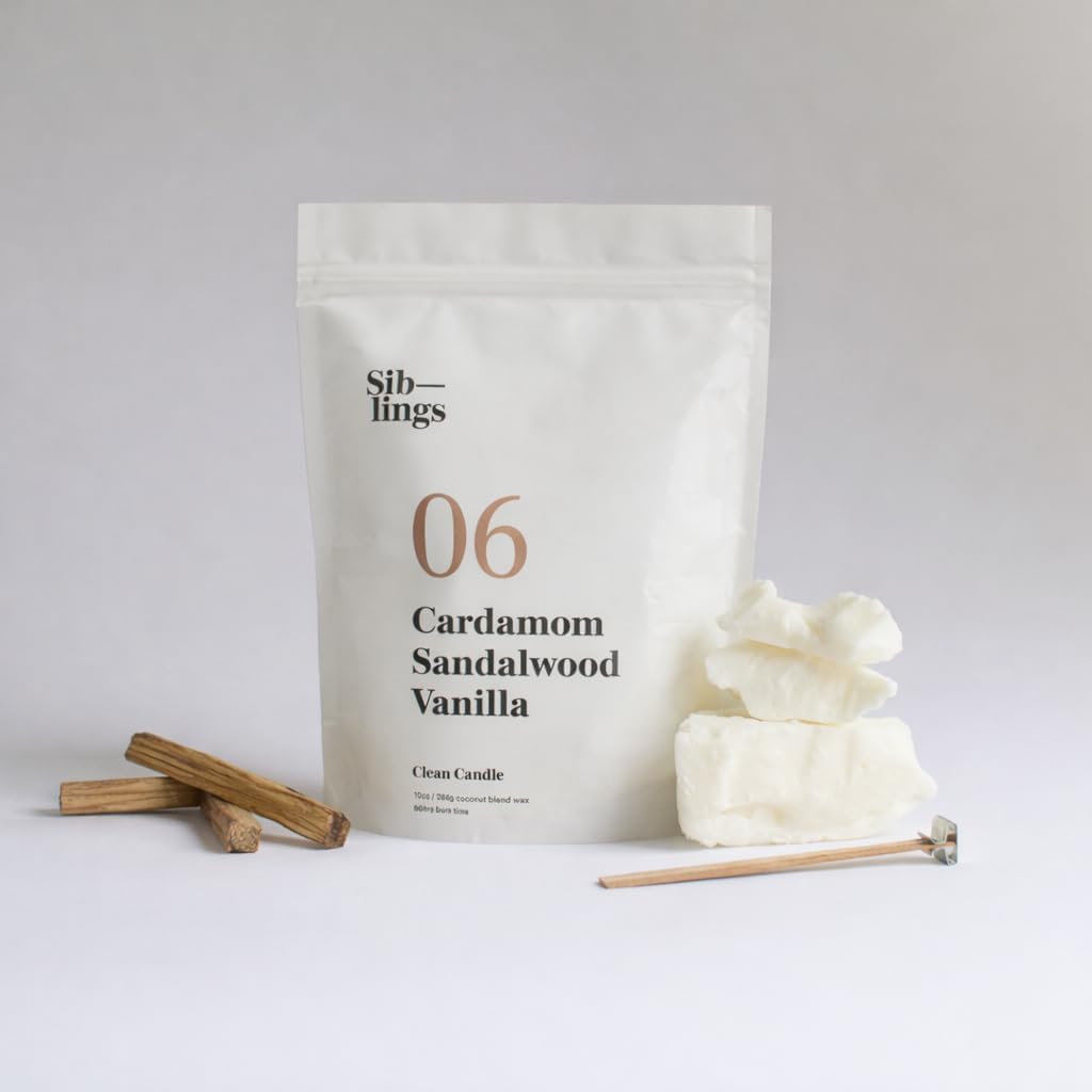 Siblings Candle Refill Kit – DIY Coconut Soy Wax Candle Making Kit for Reusable Vessels – Non-Toxic Clean Burn, Wooden Wick – Scent No 06: Cardamom, Sandalwood, Vanilla – 60 Hour Burn
