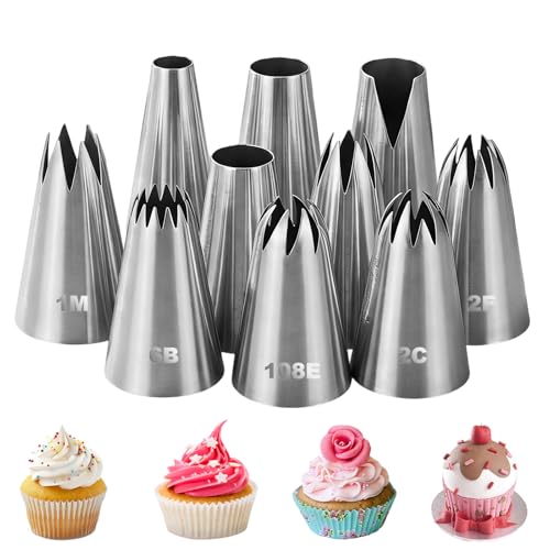 SINZONeu® Set de 10 Douilles Pâtisserie Professionnelles en Inox - Embouts pour Poche à Douille, Décoration Gâteaux & Cupcakes (Cannelée/Étoile/Rosace)