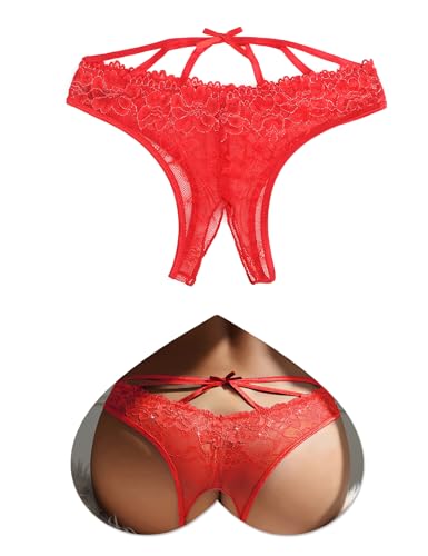 ohmydear Tanga de Encaje Erótica para Mujer Bragas Abiertas de Cintura Baja Ropa Interior Sexy la Entrepierna Abierta Tanga Eróticos Divertida con Correa Cruzada y Lazo