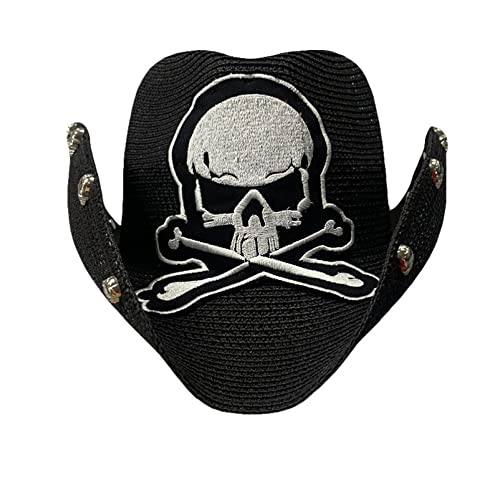 Halloween Festival Skull Pattern Cowboy Hat Straw Western Cowboy Hat Horror Elements Summer Gentleman Hombre Hat Black #TOP28