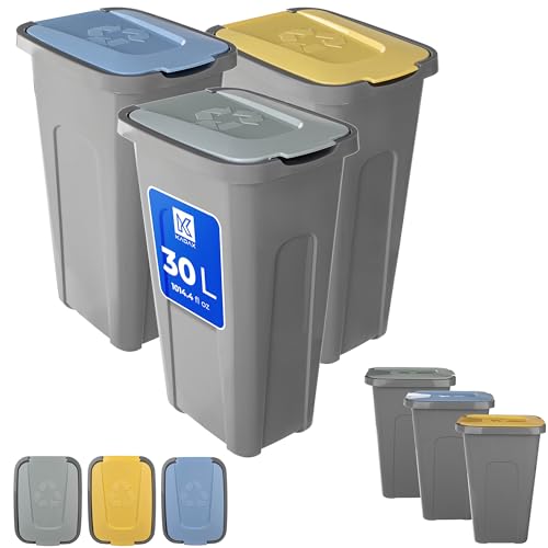 KADAX Mülleimer-Set für Abfalltrennung, 3 x 30L, Abfalleimerset für Mültrennungssystem, Müllsortierer, Abfallbehälter aus Kunststoff mit Klappdeckel (Gelb, Grün, Blau)