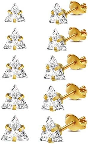 iLovey 18K Gold Plated Silver Stud Earrings Set for Women, 5 Pairs Surgical Steel Hypoallergenic Earrings for Women Men Girls Comfortable Cubic Zirconia Cartilage Piercing Earrings Pack Jewelry Gifts