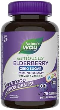 Nature’s Way Sambucus Zero Sugar Elderberry Immune Gummies for Kids, Immune Support*, with Vitamin C, Zinc, Black Elderberry Extract, 70 Count (Packaging May Vary)