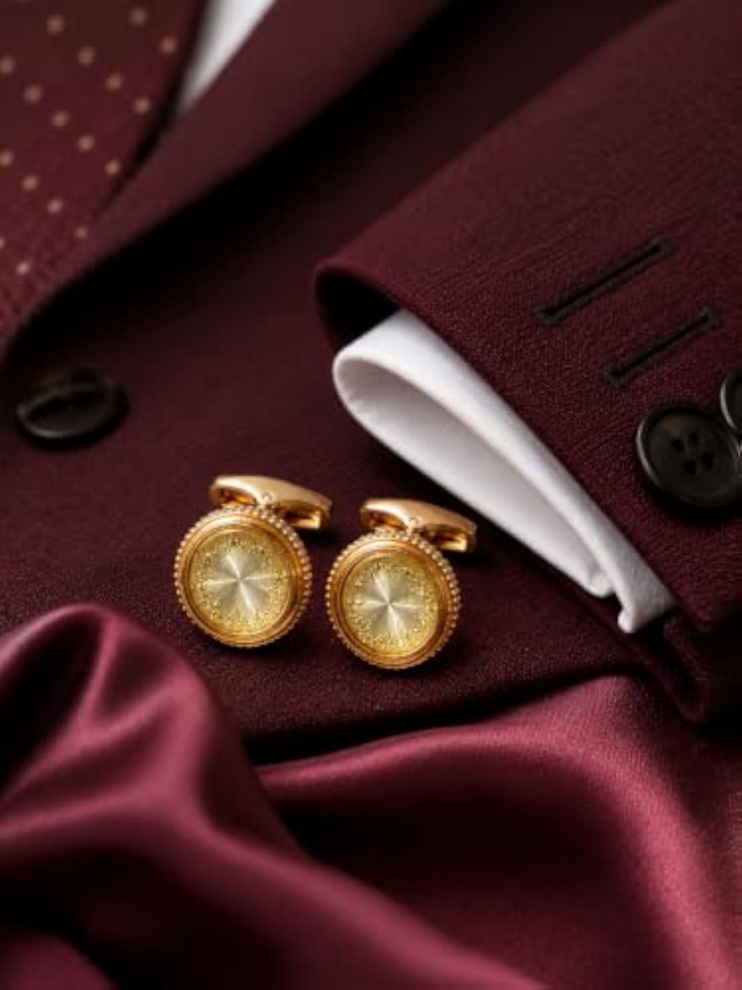 Men's Round Rose-Gold Tone Cufflinks with Floral Sunburst Pattern