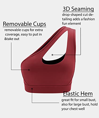 LEOQ One Shoulder Sports Bra for Women, Strappy Padded Sports Bra Yoga Tops with Removable Cups (2030 Red M) - Image 4