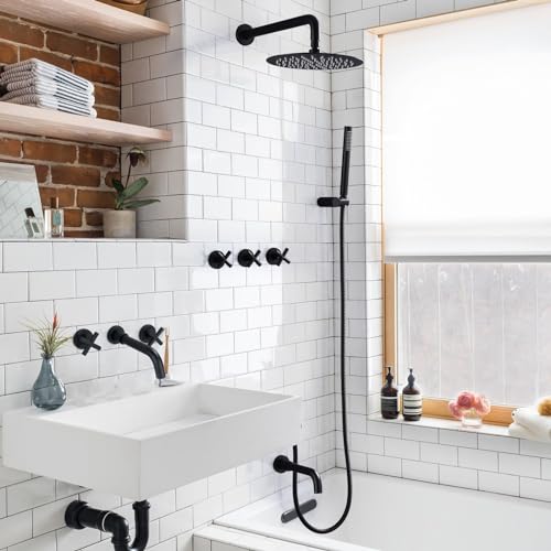Sistema de ducha RBROHANT negro mate con grifo para bañera, juego de grifería para bañera y ducha de latón con válvula de tres vías, cabeza de ducha redonda de 10 pulgadas con grifo para bañera y ducha manual, modelo JK0300 miniatura 2