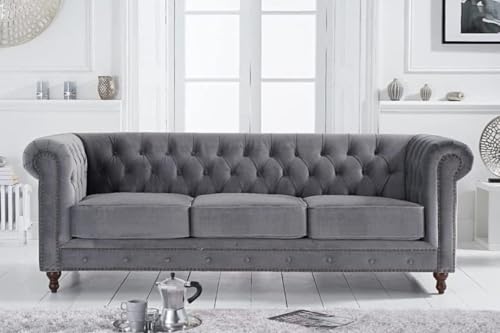 Image of Modern and Stylish 3 Seater Chesterfield Luxury Sofa with Valvet and Fabric Comfortable Sofa for Living Room, Dining Room, Hallway, and Office-(Grey).