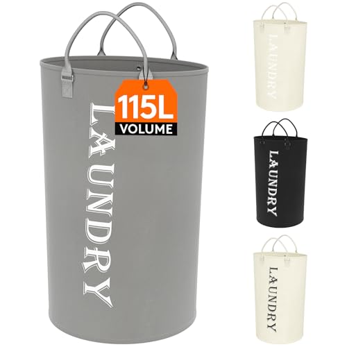Lifewit Cubo Ropa Sucia 115L, Grande Bolsa Ropa Sucia con Asa, Cesto Plegable para Ropa/Toallas/Mantas/Juguetes, Laundry Basket Conveniente para Apartamentos/Residencia/Baño, Gris plateado