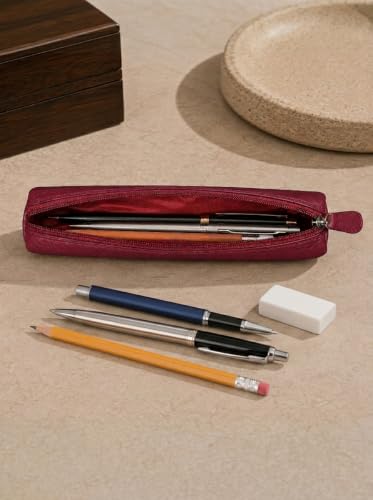 Image of Calfnero Genuine Leather Pen-Case for Men & Women | Premium Brodo Leather Pencil-Pouch with Zipper | Cylindrical Pen-Holder Organizer for Pen, Pencils & Stationery | Unisex Pen-Sleeve