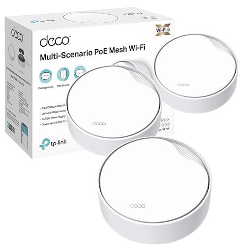 TP-Link Deco X50-PoE(3-pack) AX3000Mbps Mesh WiFi 6 System with PoE, 2.5 GbE Port, AI-Driven WiFi Booster Router covers up to 600m2, Connect up to 150