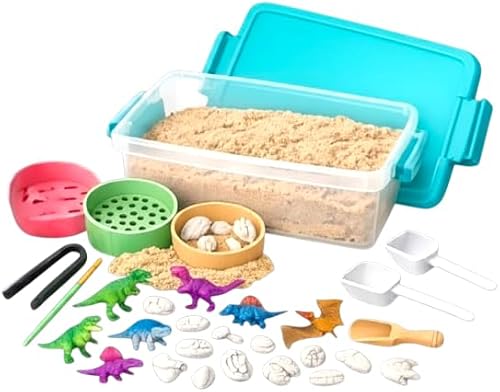 Sensory Dinosaur Fossil Dig Bin, Kids Excavation Kit with Sand, Dinosaur Figures and Tools