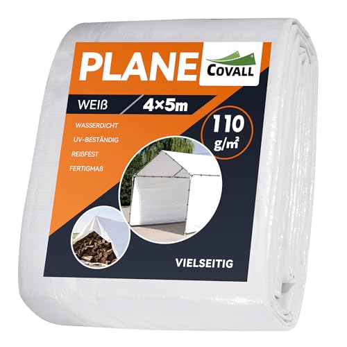 COVALL Abdeckplane wasserdichte 4x5m Fertigmaß - Plane Mit Metall-Ösen (110g/m²) - UV-beständig & Reißfest - Für Regenschutz & Winter Isolierung, Garten, Terrasse, Camping - Weiß