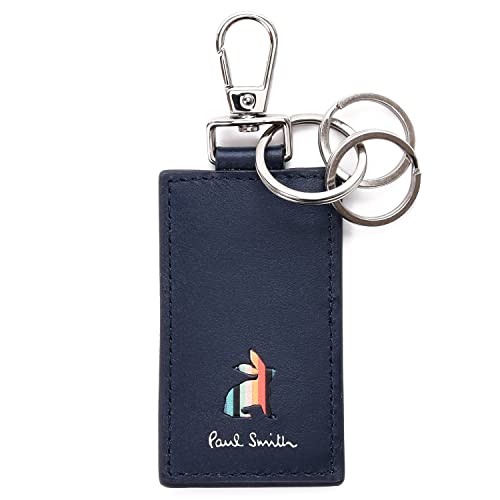 [ポールスミス] セット品/名入れ可 キーリング キーホルダー マーケトリーストライプラビット 2連 牛革 革 レザー 名入れ ケアクロス付き 873920 P650/BPS650 (ネイビー, 名入れなし)