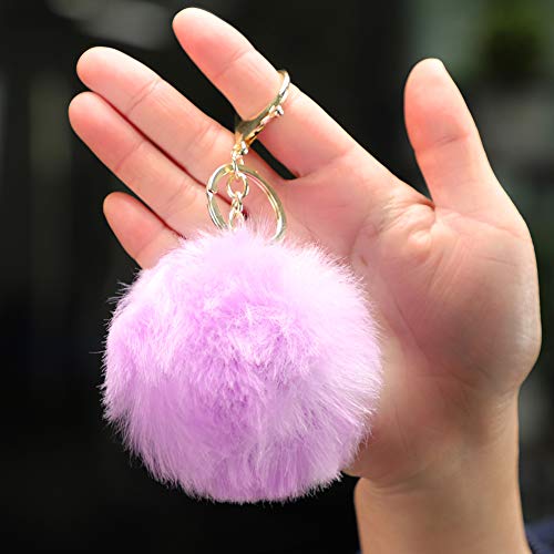 Soleebee Soft Artificial Rabbit Fur Keychain Pom Pom Key Ring Cute Plush Ball Bag Charm For Women Girls (Light Purple) #TOP3