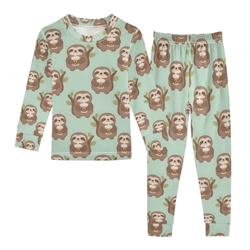 ALAZA Sloth Milk Tea Pajamas Long Sleeve Sleepwear 2-Piece Pajama Set