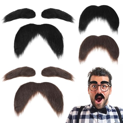 Qianyu Ensemble de fausses moustaches et sourcils pour homme - Classique - Auto-adhésif - Fausse barbe fantaisie - Moustaches réalistes pour cosplay, costume et festival - Noir et marron