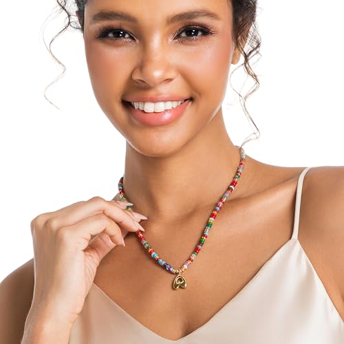 YOUFENG Initial Letter Necklaces for Women Colorful Beaded Gemstone Choker 14K Gold Bubble Letter Pendant Necklace Natural Stone Handmade Jewelry Gift3