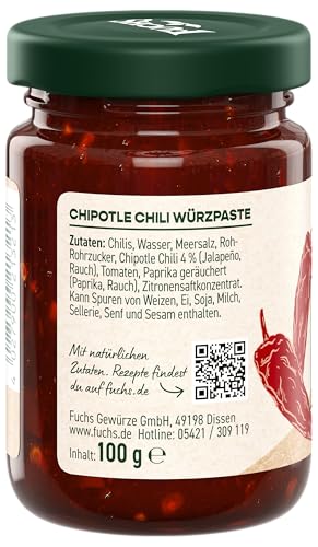 Fuchs Gewürze - Chipotle Chili Paste | Sehr scharf-rauchige Würzpaste mit natürlichen Zutaten, mit Chipotle Chili und geräucherter Paprika | Ideal für Marinaden |100 g in wiederverschließbarem Glas