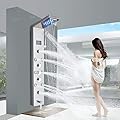 MOSSON LED Shower Panel Rainfall Waterfall with Handheld Shower 6 IN 1 Stainless Steel Shower Tower Panel System Massage Body Jets with Tub Spout Water Temperature Display, Brushed Nickel