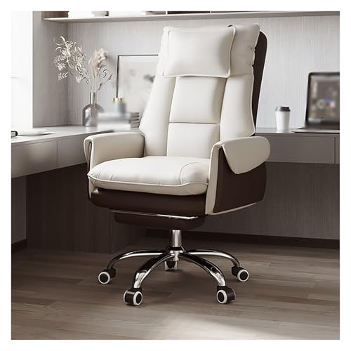 Silla de oficina grande y cómoda de piel sintética para hombres grandes y altos, silla ergonómica de escritorio con respaldo alto con ruedas y reposapiés reclinable, color blanco y marrón
