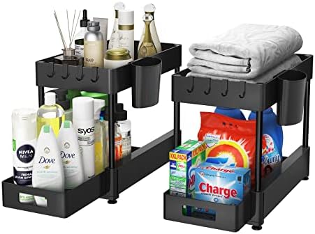 Under Sink Organizers and Storage 2 Pack, ZOMILB Bathroom Organizer 2-Tier Sliding Kitchen Cabinet Organization with Hook, Hanging Cup, Multi-purpose Under Sink Shelf Organizer for Home Storage, Black