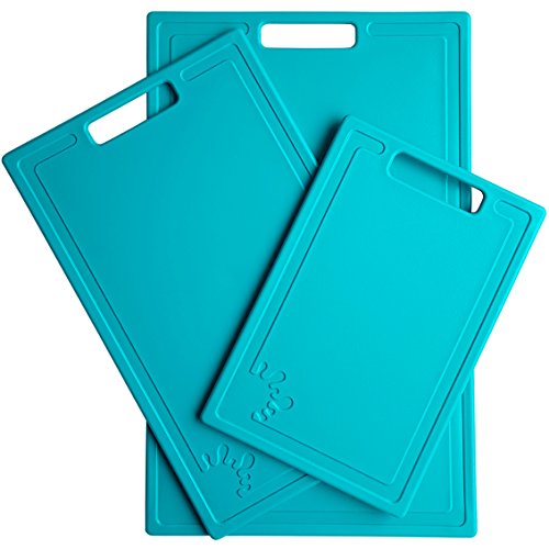 Juego de 3 tablas de cortar antideslizantes, 3 piezas, aptas para lavavajillas, tabla de cortar de plástico, patas antideslizantes (3 x turquesa) Cover