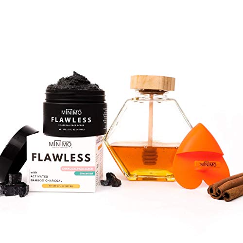 Minimo Flawless Charcoal Face Exfoliating Scrub + Applicator & Moisturizer For Bright Clear Skin Cleanse & Detox - All Natural Activated Charcoal - Fragrance Free For Sensitive Skin (5 Oz) #TOP4