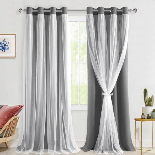 Hiasan Blackout Curtains with Sheer Overlay, Grey, 52W X 96L, 2pcs by Hiasan - Used condition - US$39.17