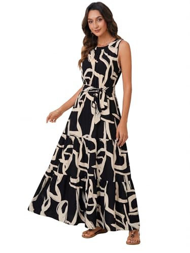 Image of Rooscier Women's Sleeveless Boho Maxi Dress | Halter Neck Print Tiered A Line Beach Dresses