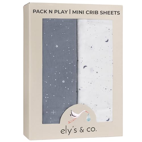 Image of Ely’s & Co. Pack and Play Sheets, for Mini/Portable Crib, 2 Pack Fitted Playpen Play Yard Sheet Set Compatible with Graco Pack n Play, for Baby Boys, 100% Cotton, Celestial Blue Print, 38”x24”x5”