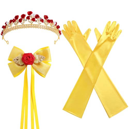 3 Pcs Princess Rose Crown Tiara Hair Bow Yellow Gloves Women Dress Up Party Costume Accessories for Belle