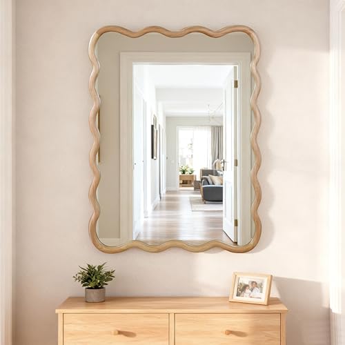 CIATRE 30x40 Inch Wavy Rectangle Wall Mirror, Solid Wood Frame Decorative Mirror with Tempered Glass, Unique Boho Art Deco for Living Room, Bedroom, Bathroom, Entryway (Natural Wood)