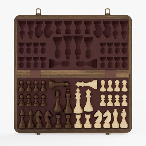 Image of 15 Inch Magnetic Wooden Chess Set, Rubberwood Folding Chessboard with Brown Dual-Sided Storage Trays, 2 Extra Queens & Dust-Proof Bag, Portable Travel Board Game(Vintage)
