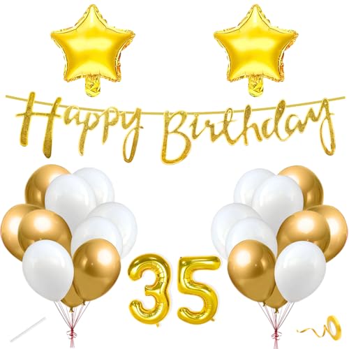Image of Flyloons 35th Happy Birthday Decoration Kit Gold White for Boys Girls Men Women Adults With 20 Pcs Chrome Balloons Birthday Banner 2 Pcs Star Items Set Golden