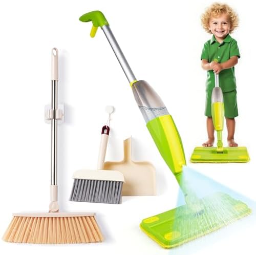 Kids Spray Mop,Toddler Mop Cleaning Set, Real Working Mini Mop & Kids Broom Dustpan Set, Housekeeping Pretend Play Toy, Montessori Kid Cleaning Toy Set Includes Organizer Clip -Green