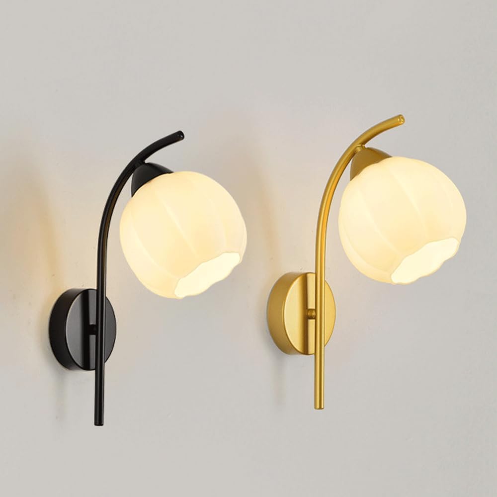 Aplique de Pared para Interiores, Dormitorio, Pasillo, Globo metálico Moderno Negro, tocador de baño con Pantalla de Vidrio Blanco lechoso, lámpara para Porche, Casquillo E27