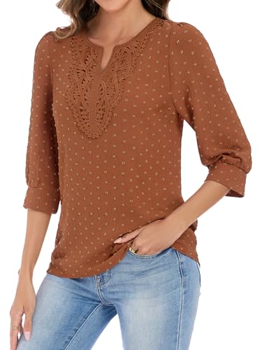 Funlingo Boho Tops for Women Blouses Dressy Casual V Neck 3/4 Sleeve Lace Shirts Swiss Dot Spring Outfits Beach Vacation Clothes Brick Red L — view 4