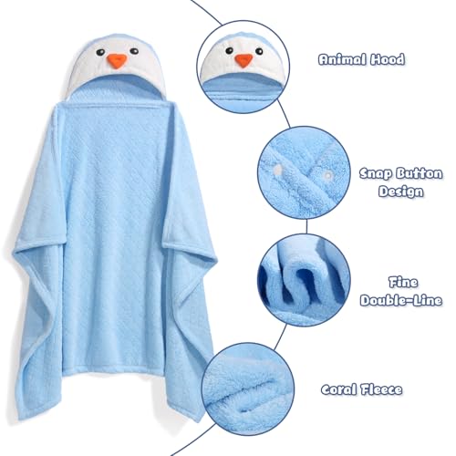 Image of Baby Towels with Hood for 1-6, 2-Pack Toddler Bath Towel with Animal Face Soft Absorbent,Premium Coral Fleece Ultra Absorbent Thick Shower Gift for Kids Infant,White Cow &Blue Penguin Set