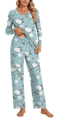 POPYOUNG Women's Pajama Set, Fall Winter Lounge sets Long Sleeves Sleepwear V Neck with pockets 2 Piece Pjs Sets Nightwear3